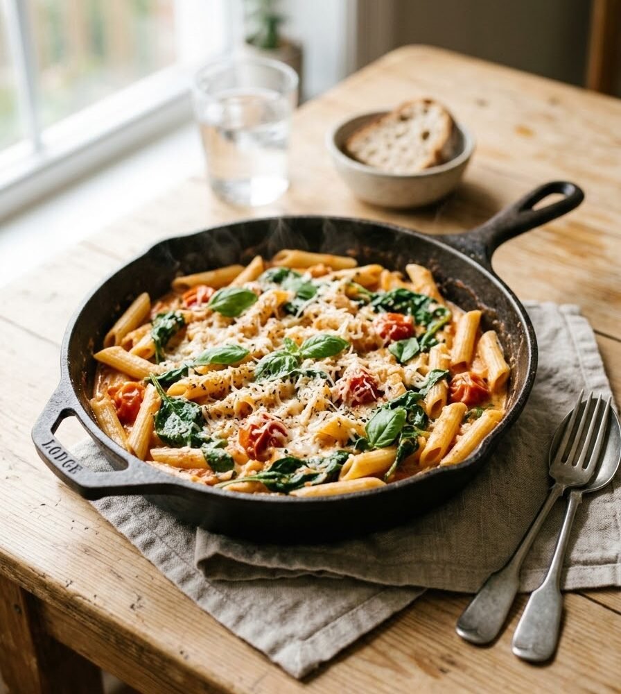 One Pot Creamy Tomato Spinach Pasta