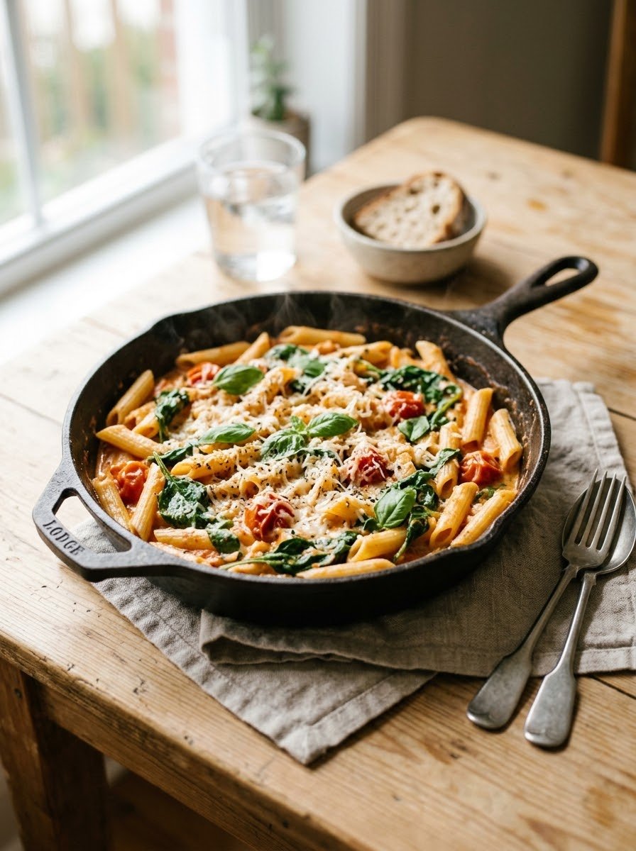 One Pot Creamy Tomato Spinach Pasta